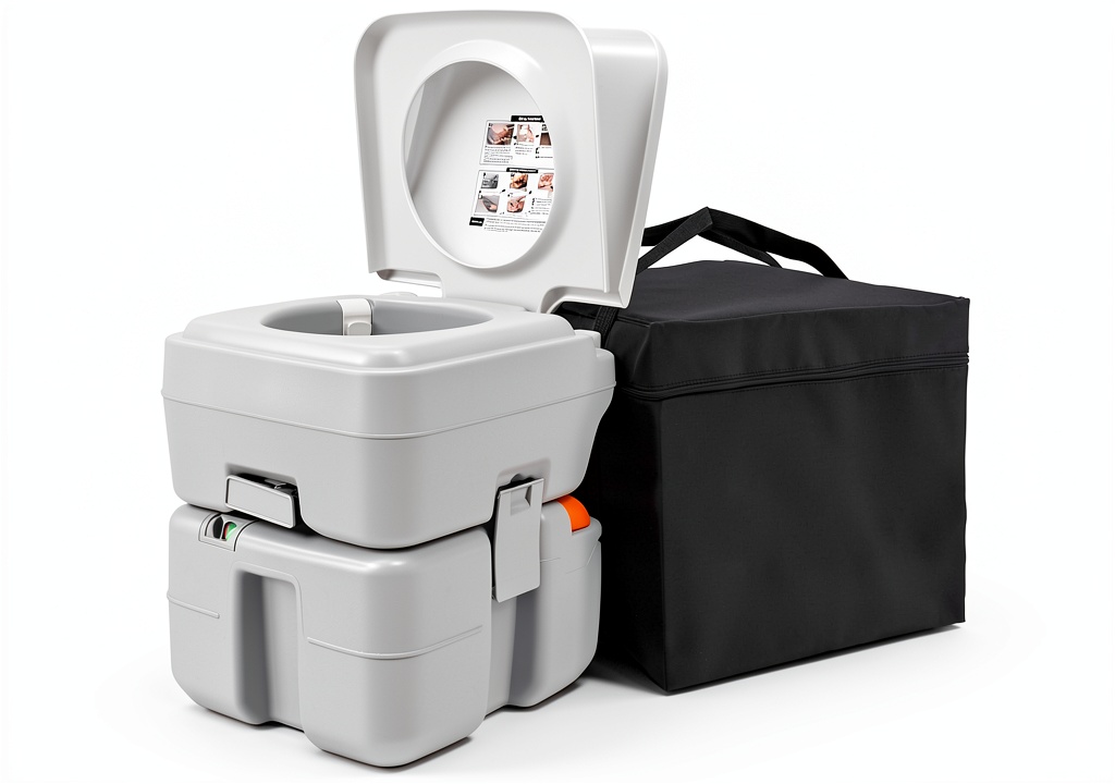 RVGUARD portable oval RV toilet installed in a compact RV bathroom