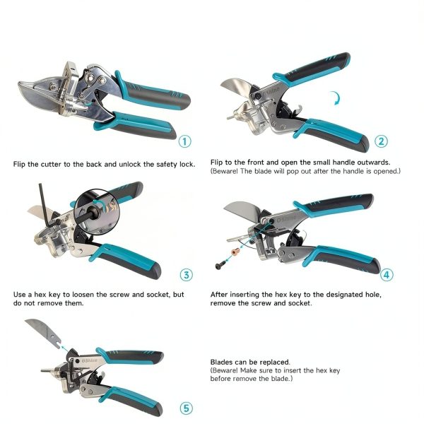 O’Shine Ratchet Miter Shears for Angular Cutting Molding Crafting Wood, Quarter Round Cutting Tool, 45-135 Degree Multi Angle PVC Miter Shear Trim Cutter Hand Tool, An Extra Blade & Hex Key Included-3